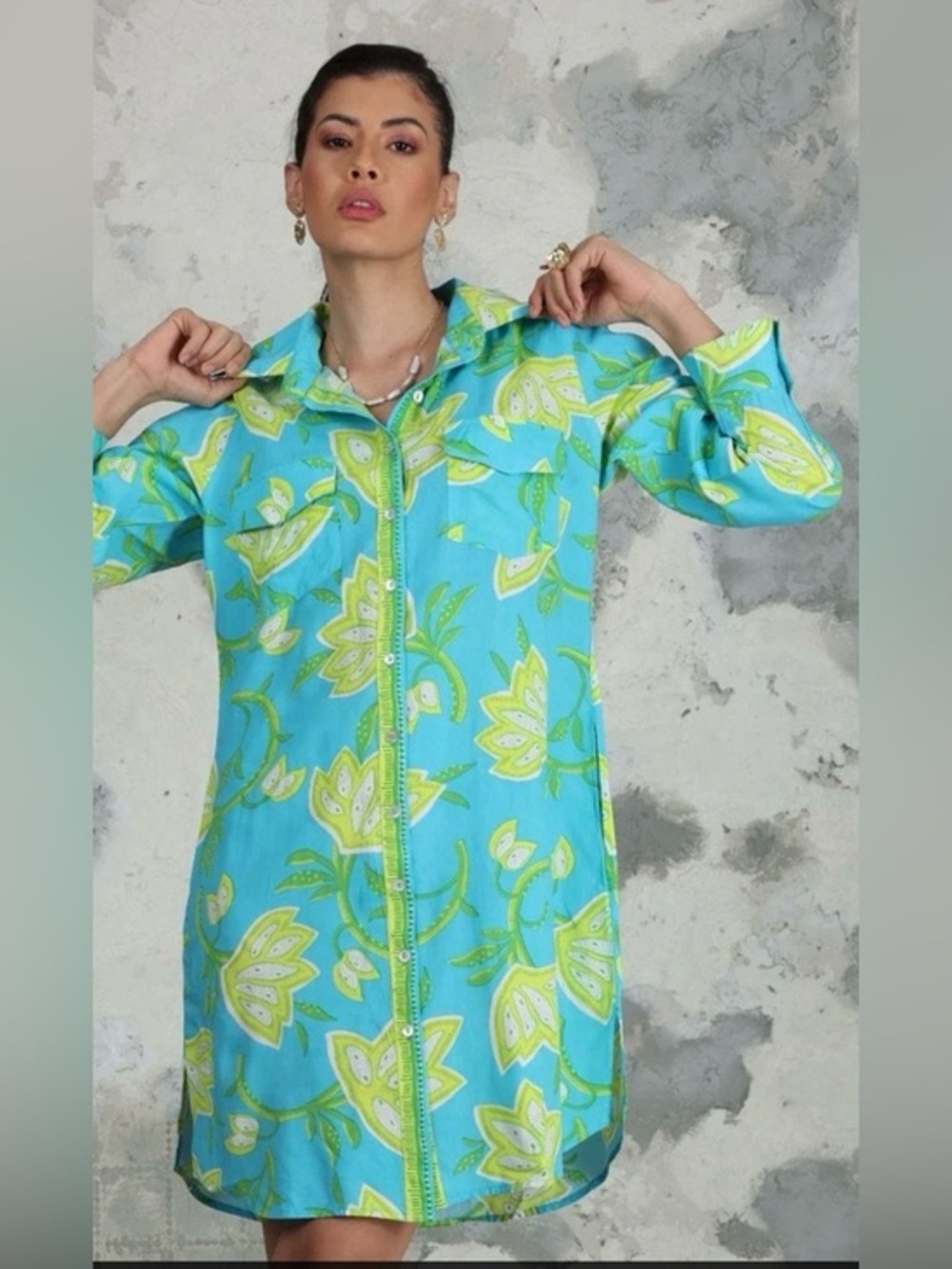 Avani del amour Floral Button-Front Long Sleeve Viscose Dress Shirt/Tunic Size S
